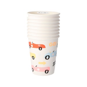 May include: A stack of 8 white paper cups with a racing car theme. The cups feature colourful cartoon race cars with numbers and the word "GO!" printed on them.