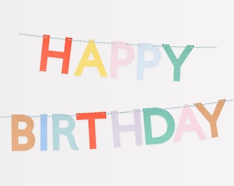 May include: A colorful "Happy Birthday" banner with scalloped edges. The letters are in various pastel colors, including orange, yellow, pink, blue, and green, strung on a thin blue string against a white background. Perfect for birthday celebrations.