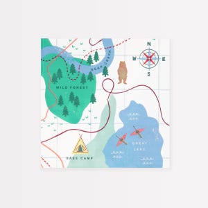 May include: Square paper print featuring a whimsical map design. The map includes a compass, a bear, a tent labeled "Base Camp", and a lake with two kayaks. The color palette includes green, blue, red, and brown.