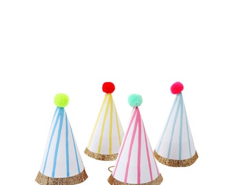 Stripe Pompom Mini Party Hats (x 8)