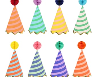May include: Set of 8 colorful party hats with striped patterns and honeycomb ball toppers. The hats are in shades of orange, yellow, green, blue, and purple.