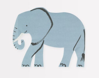 May include: A light blue paper napkin featuring a black and white illustration of an elephant. The elephant is facing right and has its trunk curled up.