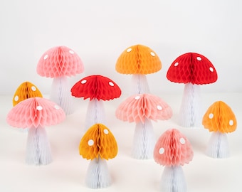 Meri Meri Honeycomb Mushroom Decorations (10 Pack) | Pastel Party Decor | Reusable for Birthday, Baby Shower & Celebrations