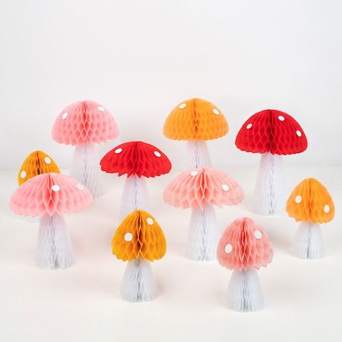 Meri Meri Honeycomb Mushroom Decorations (10 Pack) | Pastel Party Decor | Reusable for Birthday, Baby Shower & Celebrations