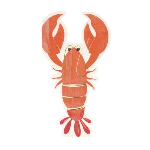 May include: A red lobster with gold accents on a white background. The lobster has its claws raised and is facing forward.