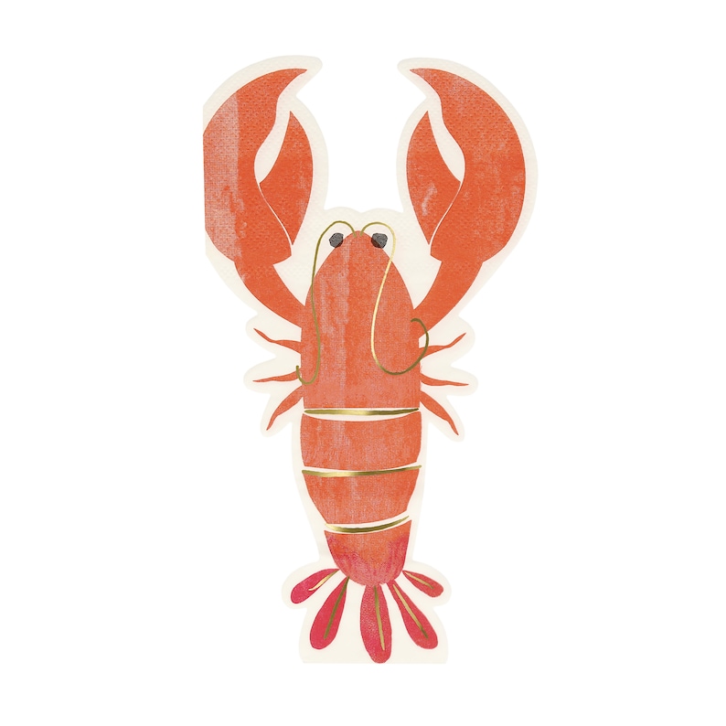 May include: A red lobster with gold accents on a white background. The lobster has its claws raised and is facing forward.