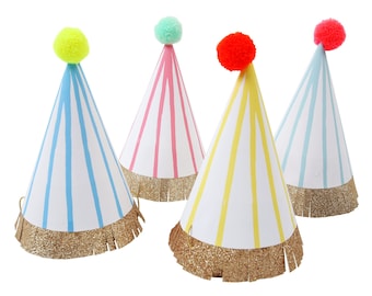 Stripe Pompom Party Hats (x 8)