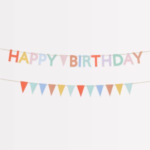 May include: A colorful "HAPPY BIRTHDAY" banner with individual letters in various colors. Below, a string of triangular pennants in coordinating pastel shades. Perfect for birthday celebrations.