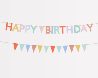 May include: A colorful "HAPPY BIRTHDAY" banner with individual letters in various colors. Below, a string of triangular pennants in coordinating pastel shades. Perfect for birthday celebrations.