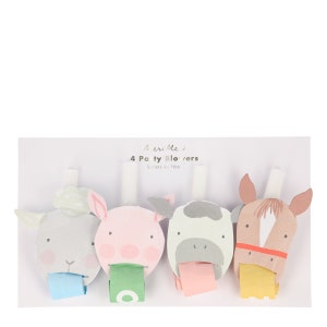 May include: A set of four farm animal party blowers. The blowers are made of paper and feature a pig, cow, horse, and sheep. Each blower has a colorful tongue that sticks out when you blow into it. The package says "4 Party Blowers" and "Sifflets de Fête."