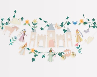 May include: A paper garland with a whimsical fairytale theme. It features a pink castle, a unicorn, a carriage, and several princesses in pastel colors. The garland is perfect for a birthday party or any celebration.