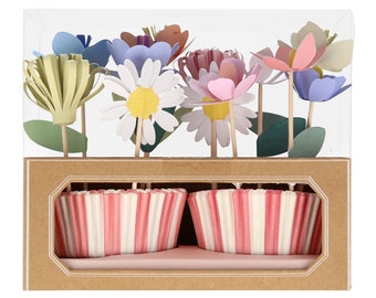 Meri Meri Flower Garden Cupcake Kit (12 Pack) | Floral Cake Toppers & Cases | Elegant for Birthday, Baby Shower Celebrations