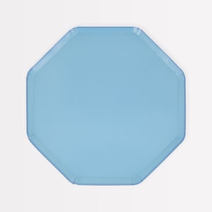 May include: A light blue octagonal paper party plate.