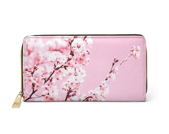 Cartera con cremallera rosa y flores japonesas