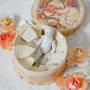Antique German Bisque Miniature Doll with Box, ca. 1920