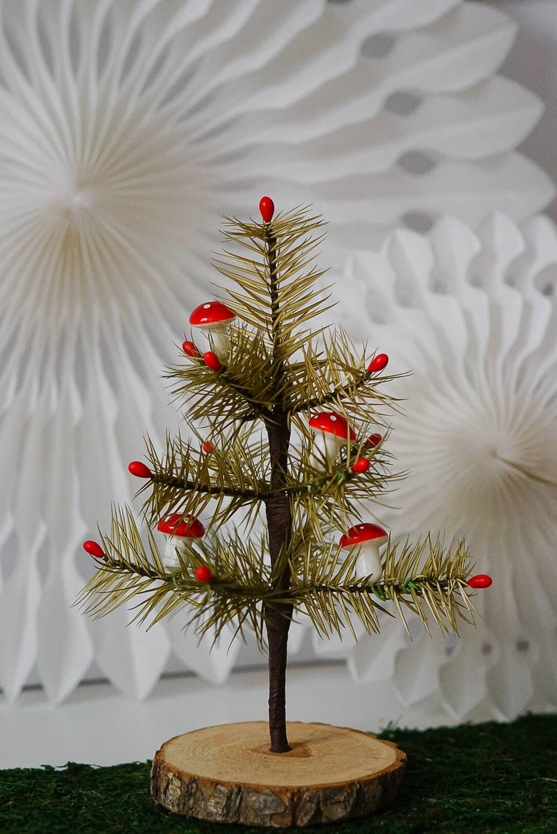 Authentic German Goose Feather Tree decorated with mushrooms