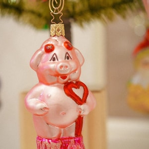 Vintage german Inge Glas lauscha glass christmas ornament funny pig