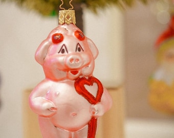 Vintage german Inge Glas lauscha glass christmas ornament funny pig