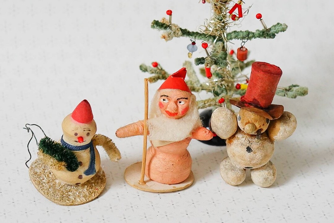 Antique German Spun Cotton Christmas Ornaments Snowman Elf Santa Antique German Spun Cotton Christmas Ornaments Snowman Elf Santa