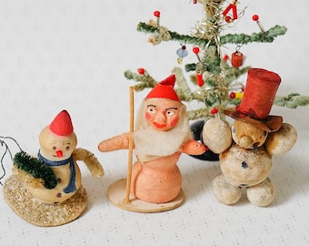 Antique german spun cotton christmas ornaments snowman elf santa