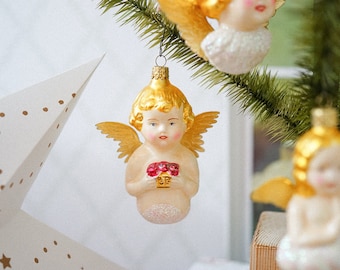 Vintage Lauscha Glass Angel Christmas Ornament with Dresden Wings