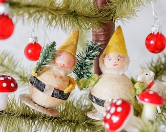 Vintage german spun cotton elf santa christmas ornaments