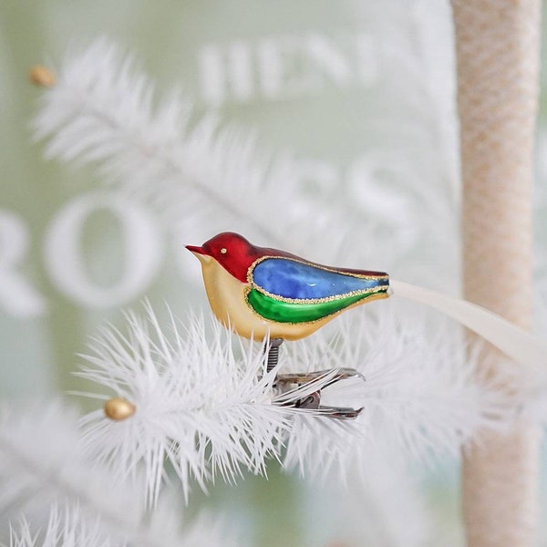 Vintage german glass christmas ornament clip on bird with spun glass tail