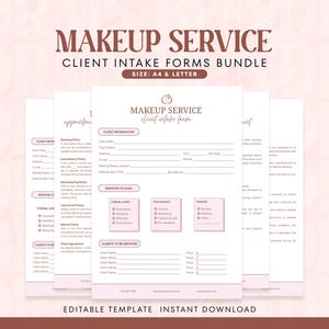 Bundel met bewerkbare intakeformulieren make-upartiest (A4/US Letter) Canva-sjabloon, formulieren make-upservice, toestemmingsformulier MUA-klanten