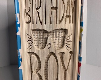 Birthday Boy folded book art, handmade finished product, book art, decor books, book folding