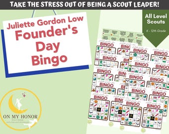 Juliette Gorson Low Bingo Spiel - Pfadfinderinnen der Gründertag - JGL Edukation - Gänseblümchen - Brownies
