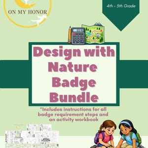May include: A Junior Scouts 4th-5th Grade Design with Nature Badge Bundle educational kit. Includes a workbook, instructions for badge requirements, a calculator, a map, and an illustration of two children studying a map on the ground.