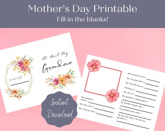 Grandma Mother's Day Printable for kids, Fill in the blanks, Mother's Day Questionnaire, Gifts for Grandma, All about Grandma, Download