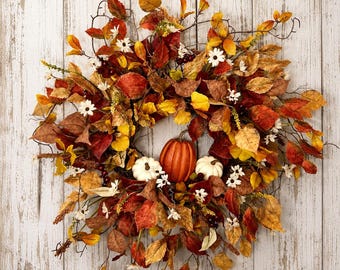 Autumn Leaf And Pumpkin Wreath | Rustic Fall Front Door Wreath