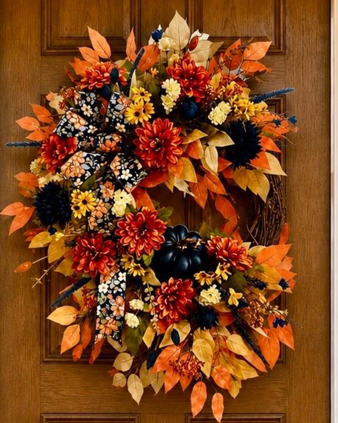 Navy Blue Pumpkin Fall Wreath | Elegant Autumn Floral Door Decor - Etsy