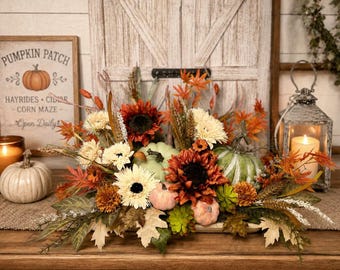 Farmhouse Pumpkin Sunflower Arrangement | Autumn Floral Table Centerpiece