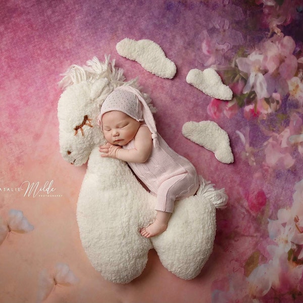 Alpaka Lama, Pferd Stofftier, Posing Kissen natur weiß, hell beige. Newborn Props für Fotografie, Baby Fotoshooting