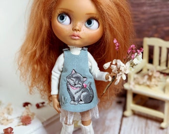Dress for Blythe Doll 1/6 scale. Doll dress with embroidery. Turtleneck sweater, petticoat. Doll clothes.
