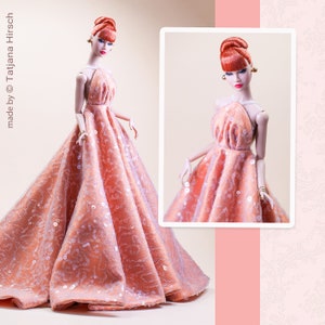 Peach glitter dress for Integrity toys Fashion Royalty Nu Face Poppy Parker dolls.