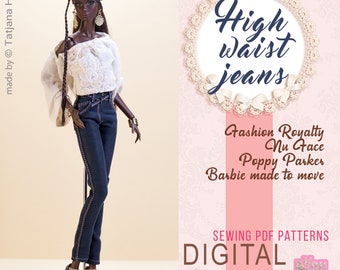 PDF Digital Pattern high waist jeans for Barbie & Integrity toys dolls. VIDEO-tutorial.