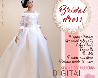 PDF Digital Pattern bridal dress, ball gown dress for Barbie & Integrity toys dolls. VIDEO tutorial.