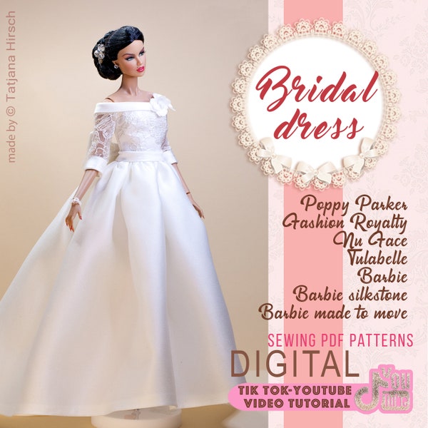 Robe de mariée PDF Digital Pattern, robe de bal pour poupées jouets Barbie & Integrity. Didacticiel vidéo.