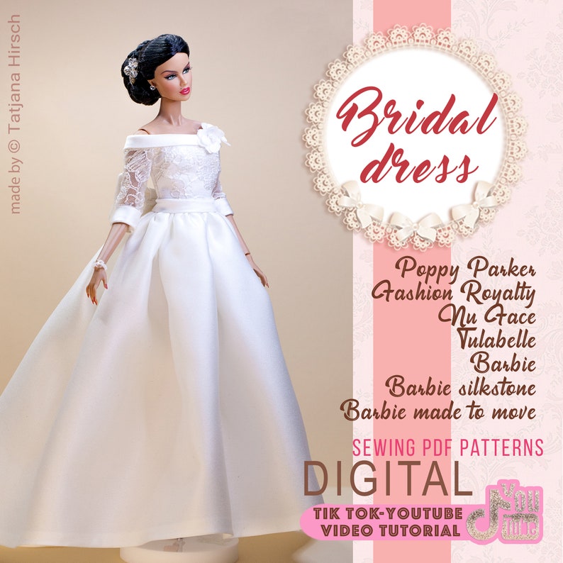 Bridal dress corsage and skirt forBarbie and Integrity toys dolls pattern.