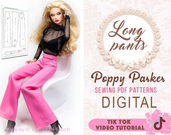 PDF Digital Pattern long pants trousers for Poppy Parker Integrity toys. TikTok VIDEO tutorial.