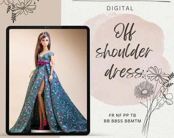 PDF Digital Pattern off shoulder dress for 1:6 BB & Integrity toys dolls. VIDEO tutorial.