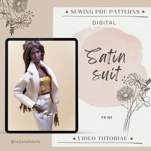 PDF Digital Pattern Satin suit blazer, pants with pockets for Fashion Royalty Nu Face doll Integrity toys. VIDEO tutorial.