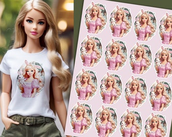 DIGITAL stickers for printing. Girl with bunny. Doll clothes in BB style. A4 sheet.