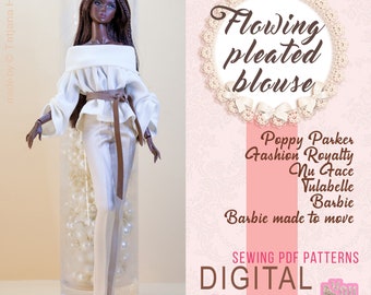 PDF Digital Pattern flowing pleated blouse for Barbie & Integrity toys dolls. VIDEO tutorial.