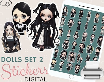 36 DIGITAL stickers to print. Dolls and girls in black dresses. Wednesday Inspiration. A4 sheet.