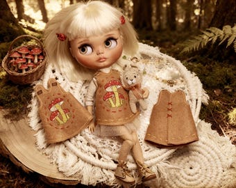 Blythe Doll Dress. Doll dress with embroidery. Vintage-style petticoat. Mustard-colored outfit with mushroom embroidery.