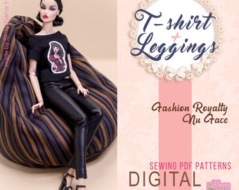 PDF Digital Pattern T-shirt & leggings for Fashion Royalty Nu Face doll Integrity toys. Youtube VIDEO tutorial.